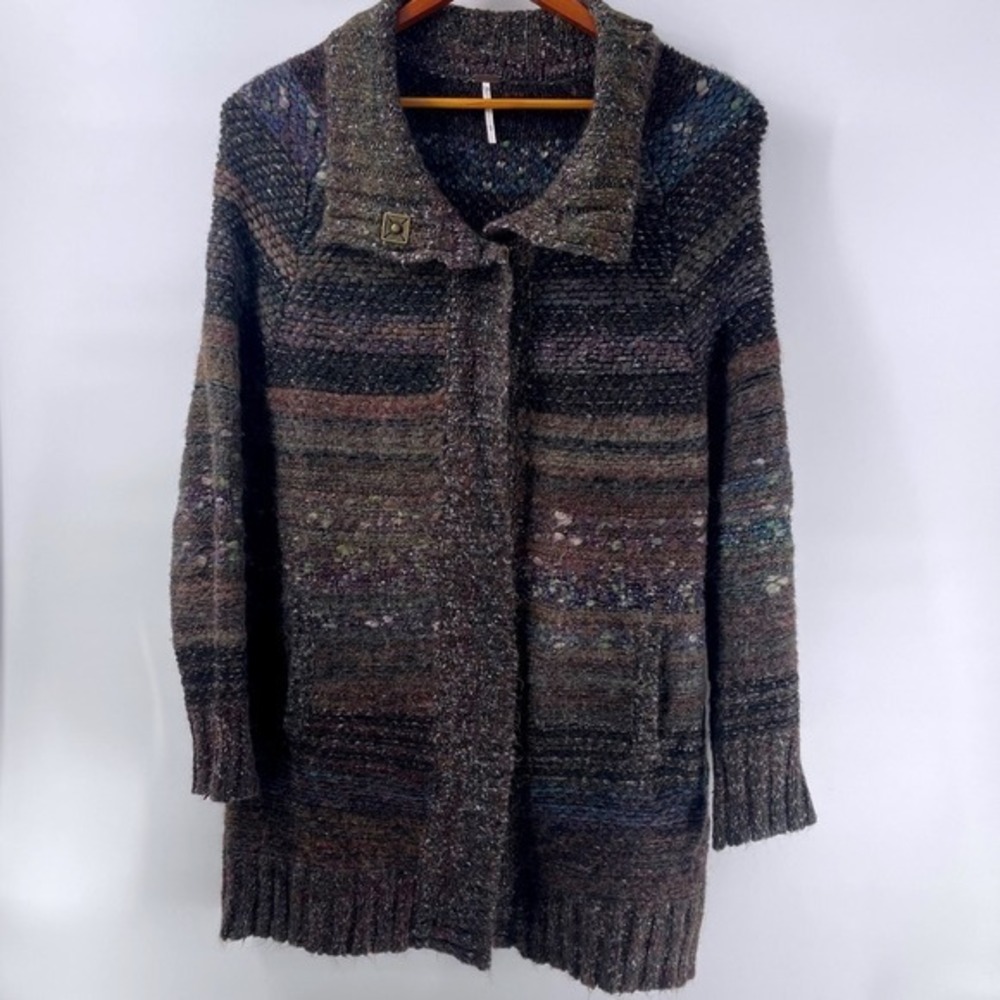 Free People Textured Knit Long Cardigan Sweater Tunic Boho Multicolored Size M - Picture 4 of 7